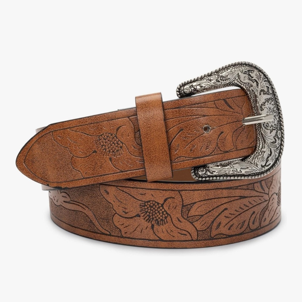 Coffee Brown Western Floral Embossed Faux Leather Belt with Silver Buckle NWOT
